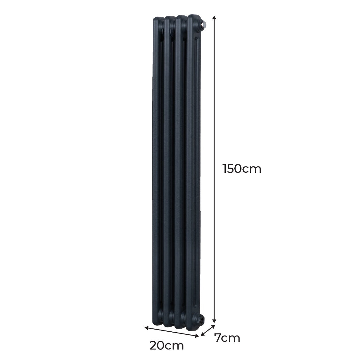 Termosifone a 2 colonne in grigio antracite, altezza 150 cm, larghezza 20 cm, con superficie liscia e design elegante per riscaldamento efficiente