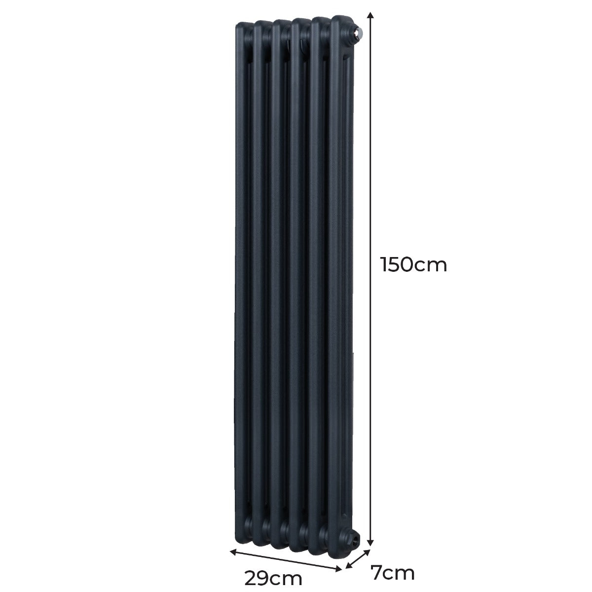 Termosifone a 2 colonne grigio antracite, altezza 150 cm, larghezza 29 cm, con finitura liscia e design elegante, ideale per riscaldare ambienti