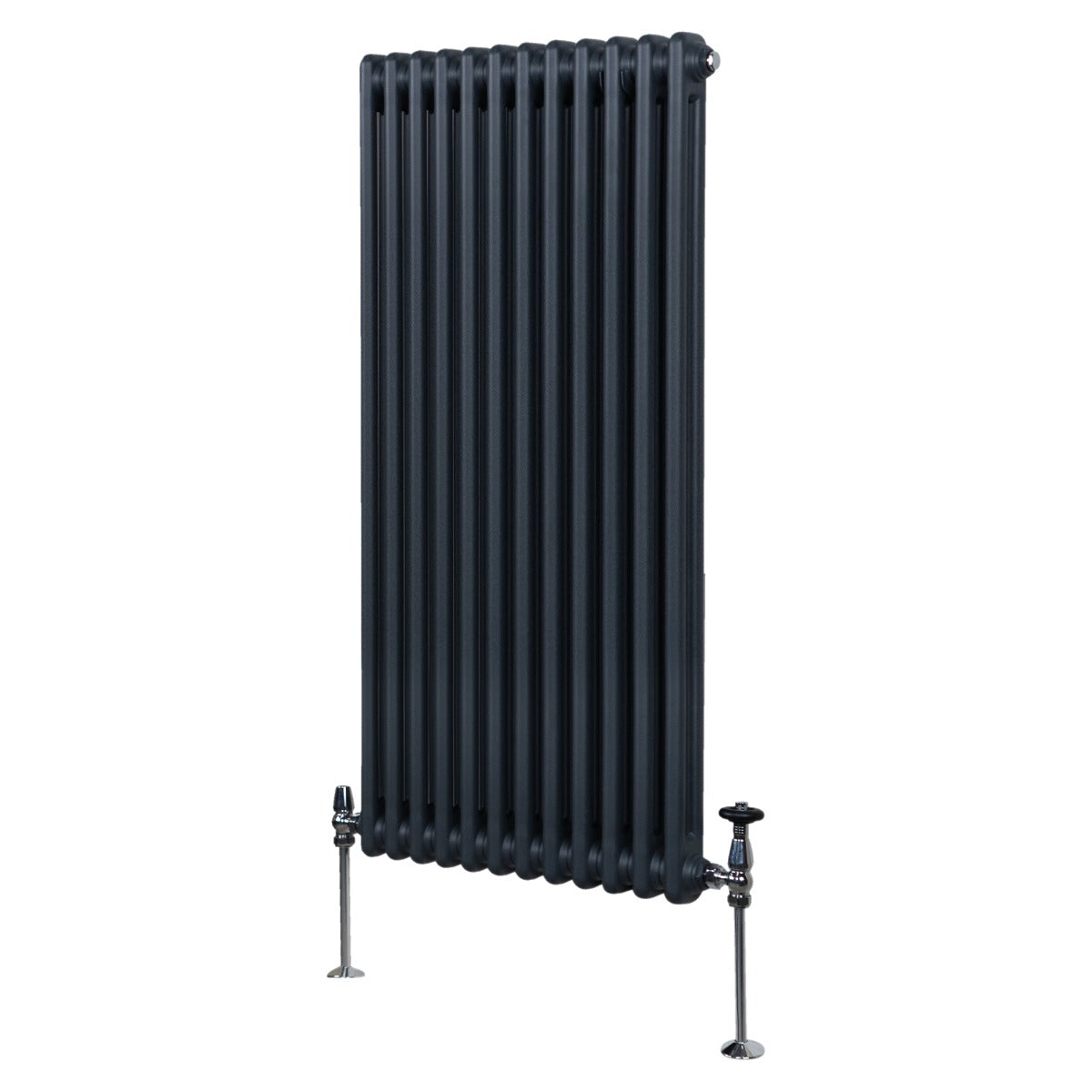 Termosifone a 2 colonne grigio antracite, 1500 x 562mm, con finitura liscia e tubi verticali, montato su supporti metallici robusti