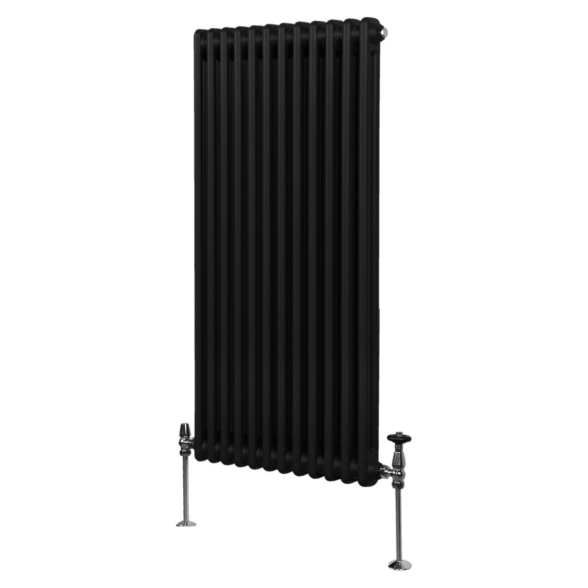Termosifone a 2 colonne, 1500 x 562mm, colore nero opaco, con finitura liscia e tubi verticali, montato su supporti metallici lucidi