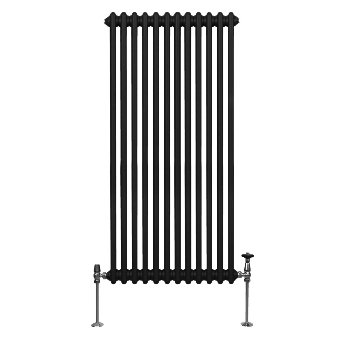 Termosifone a 2 colonne di colore nero, con finitura liscia e tubi verticali, altezza 1500 mm e larghezza 562 mm, supporti metallici inclusi
