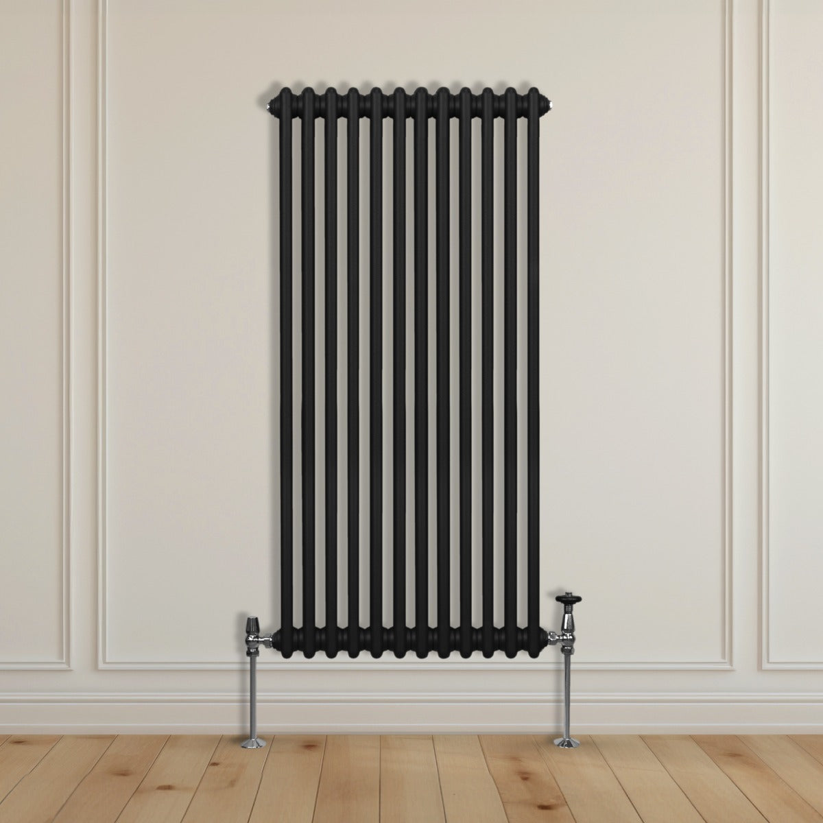 Termosifone a 2 colonne, 1500 x 562mm, colore nero opaco, con tubi verticali e supporti metallici, elegante e moderno per interni