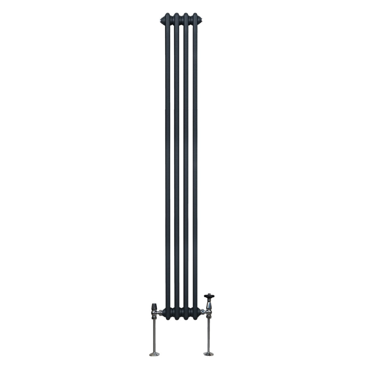 Termosifone a 2 colonne grigio antracite, alto e stretto, con finitura liscia e dettagli metallici lucidi, ideale per riscaldare ambienti moderni