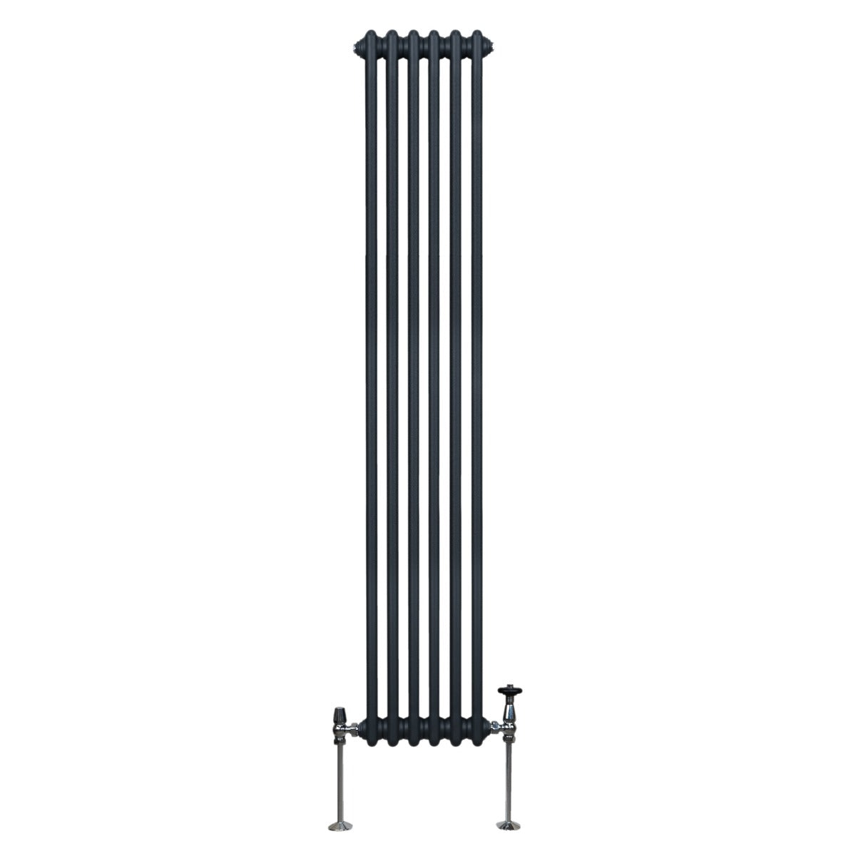 Termosifone a 2 colonne grigio antracite, alto e stretto, con finitura liscia e tubi verticali, ideale per riscaldare spazi moderni