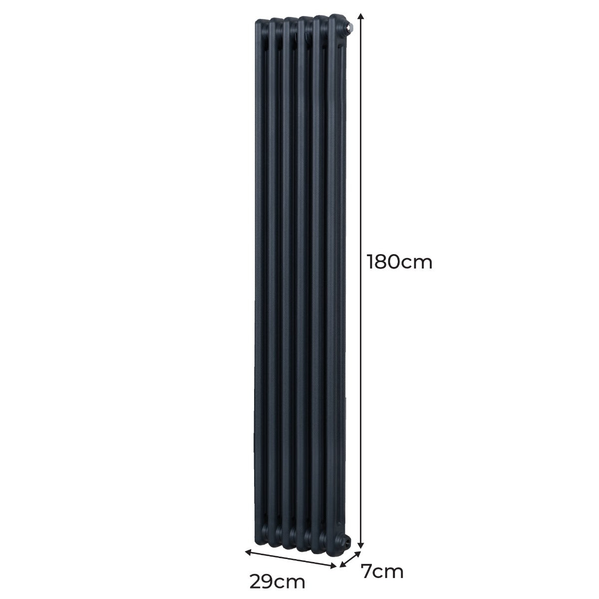 Radiatore termosifone a 2 colonne, grigio antracite, alto 180 cm e largo 29 cm, con finitura liscia e design elegante per interni moderni