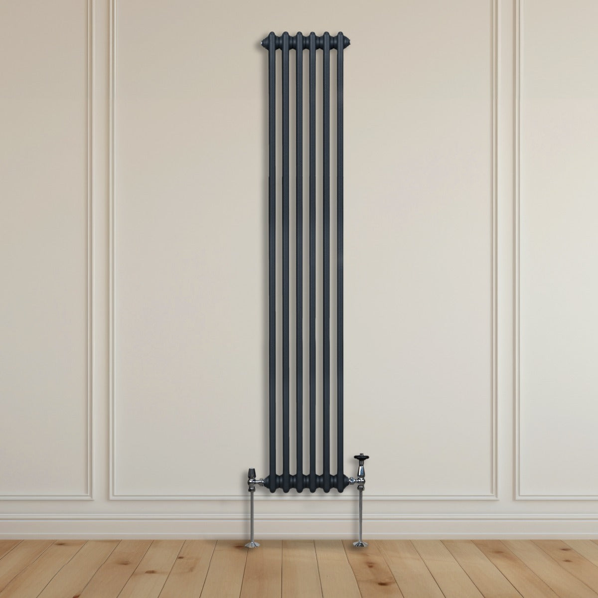 Termosifone a 2 colonne grigio antracite, alto e stretto, con finitura liscia e dettagli metallici, posizionato su parete chiara in legno