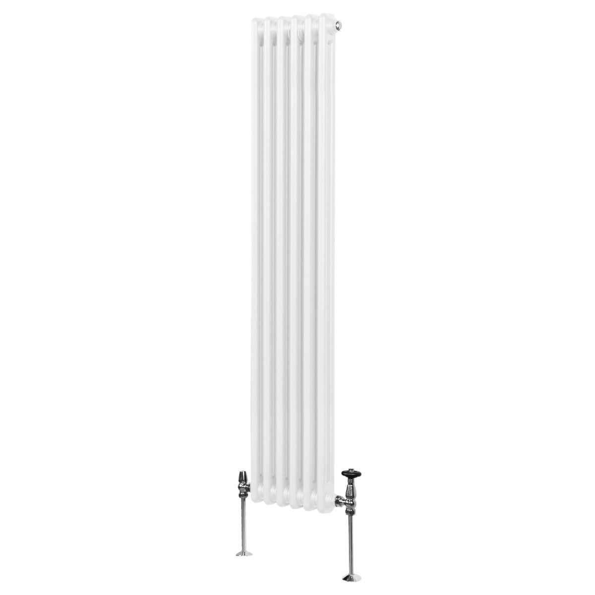 Termosifone a 2 colonne bianco, 1800 x 292mm, con finitura liscia e tubi verticali, dotato di valvole in metallo lucido