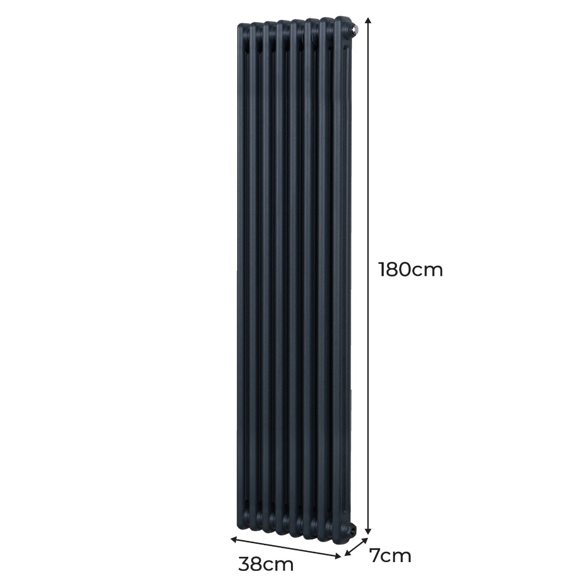 Termosifone a 2 colonne grigio antracite, 180 cm di altezza e 38 cm di larghezza, con finitura liscia e design elegante e moderno