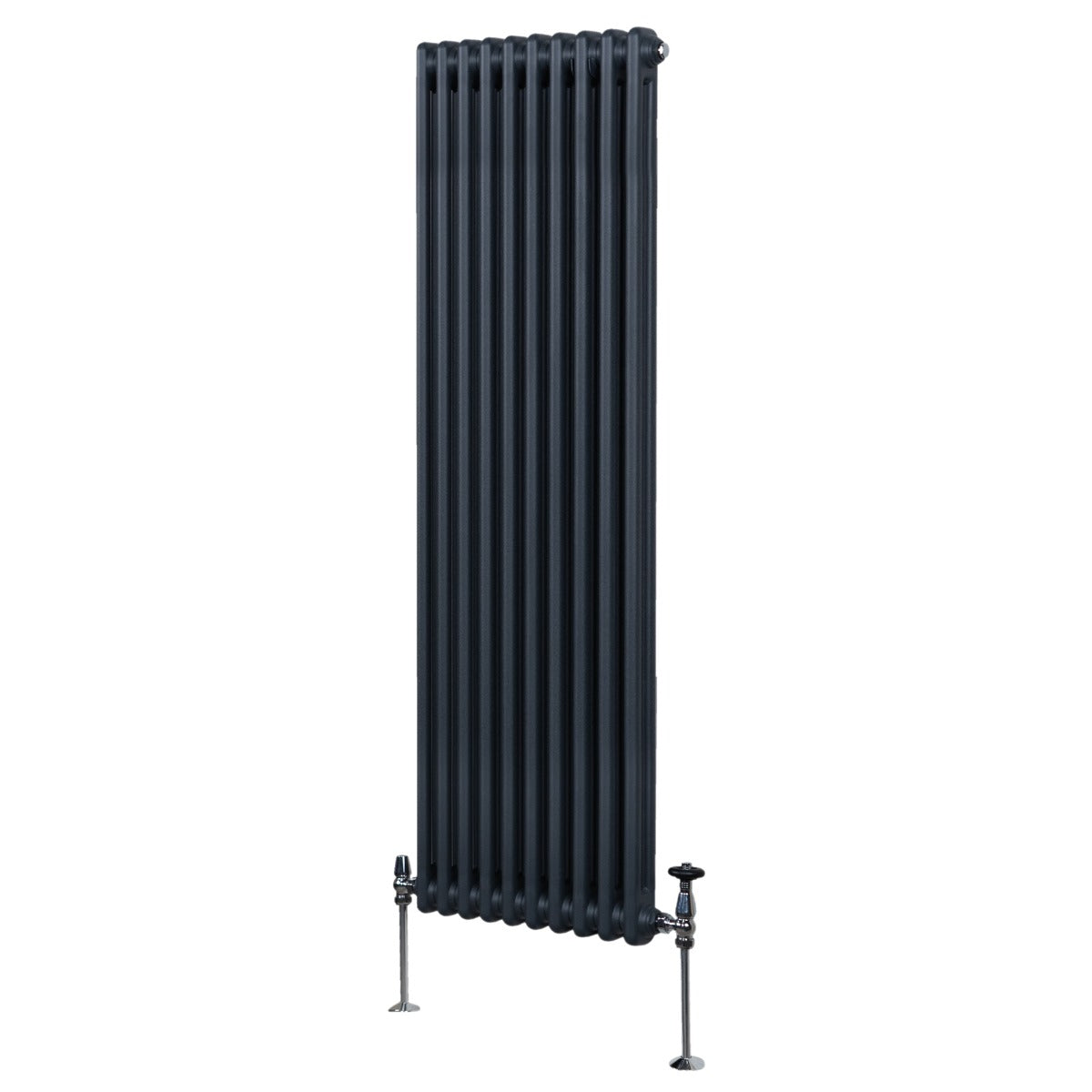 Termosifone a 2 colonne grigio antracite, alto e stretto, con finitura liscia e dettagli metallici, ideale per riscaldamento moderno