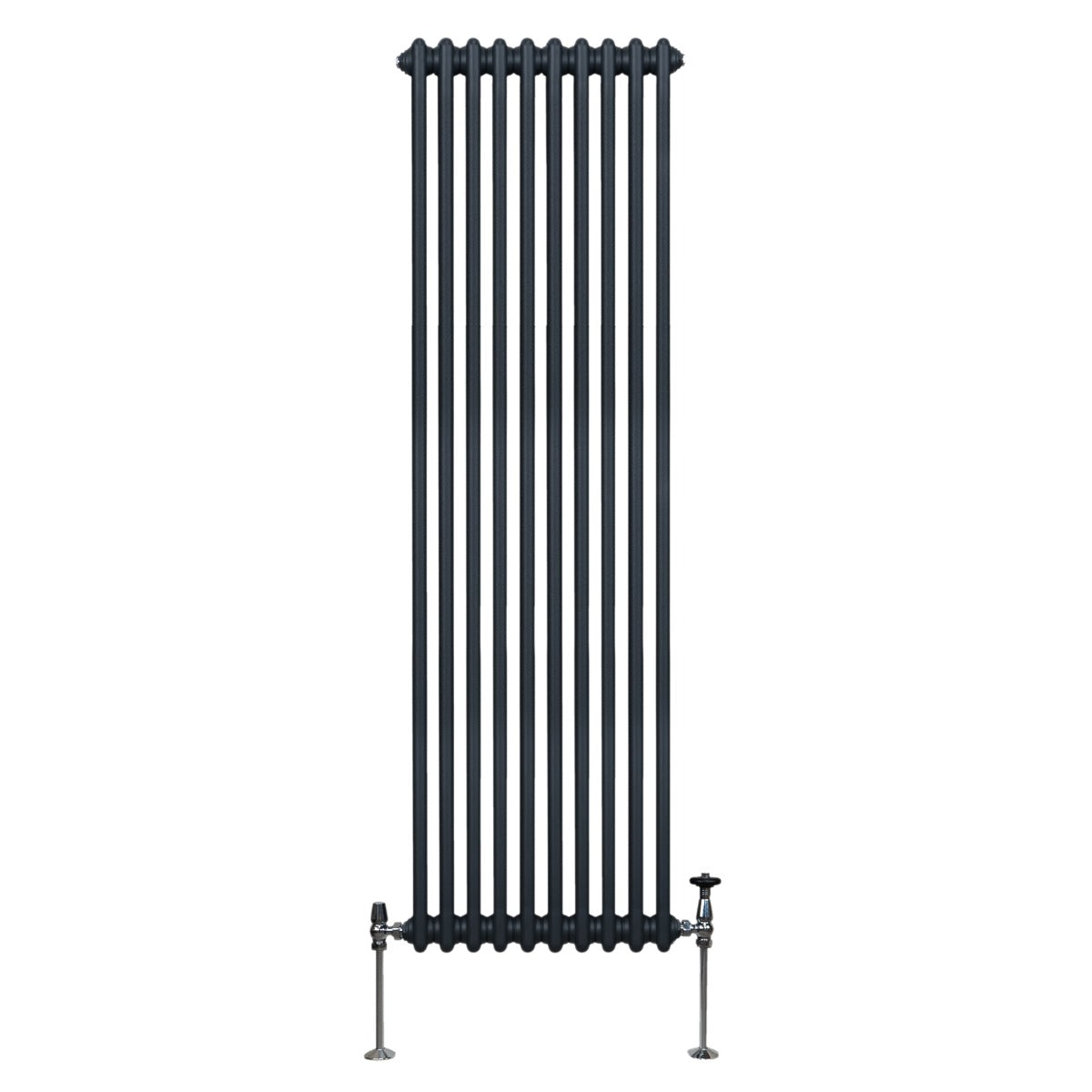 Termosifone a 2 colonne grigio antracite, alto e stretto, con finitura liscia e dettagli metallici, ideale per riscaldare ambienti moderni