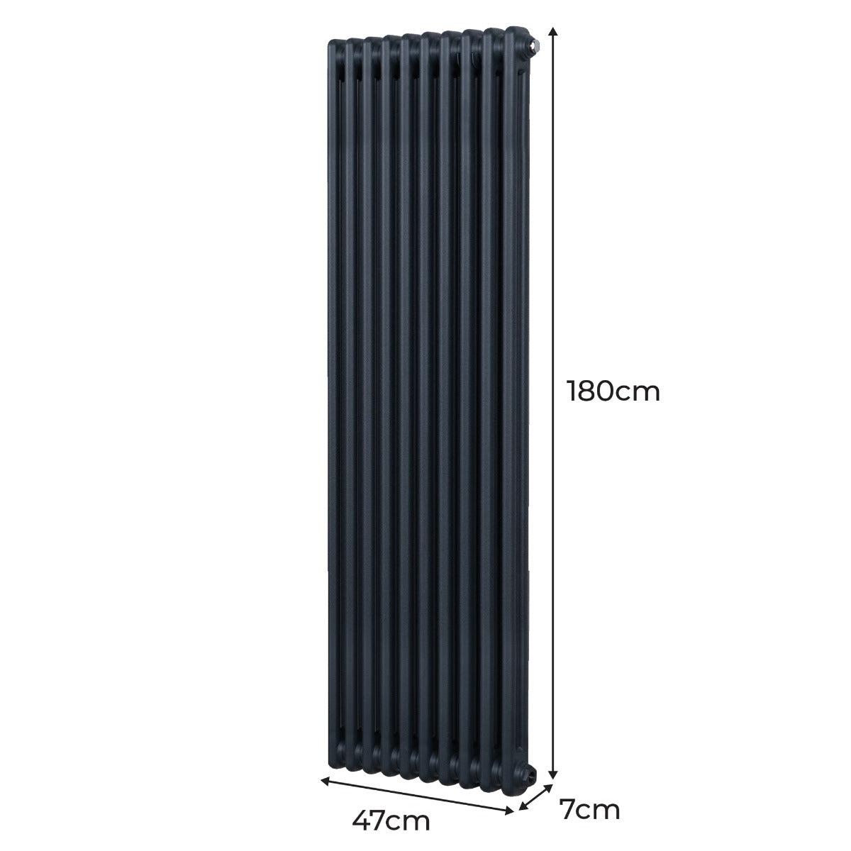 Termosifone a 2 colonne grigio antracite, altezza 180 cm e larghezza 47 cm, con superficie liscia e design elegante per riscaldare ambienti