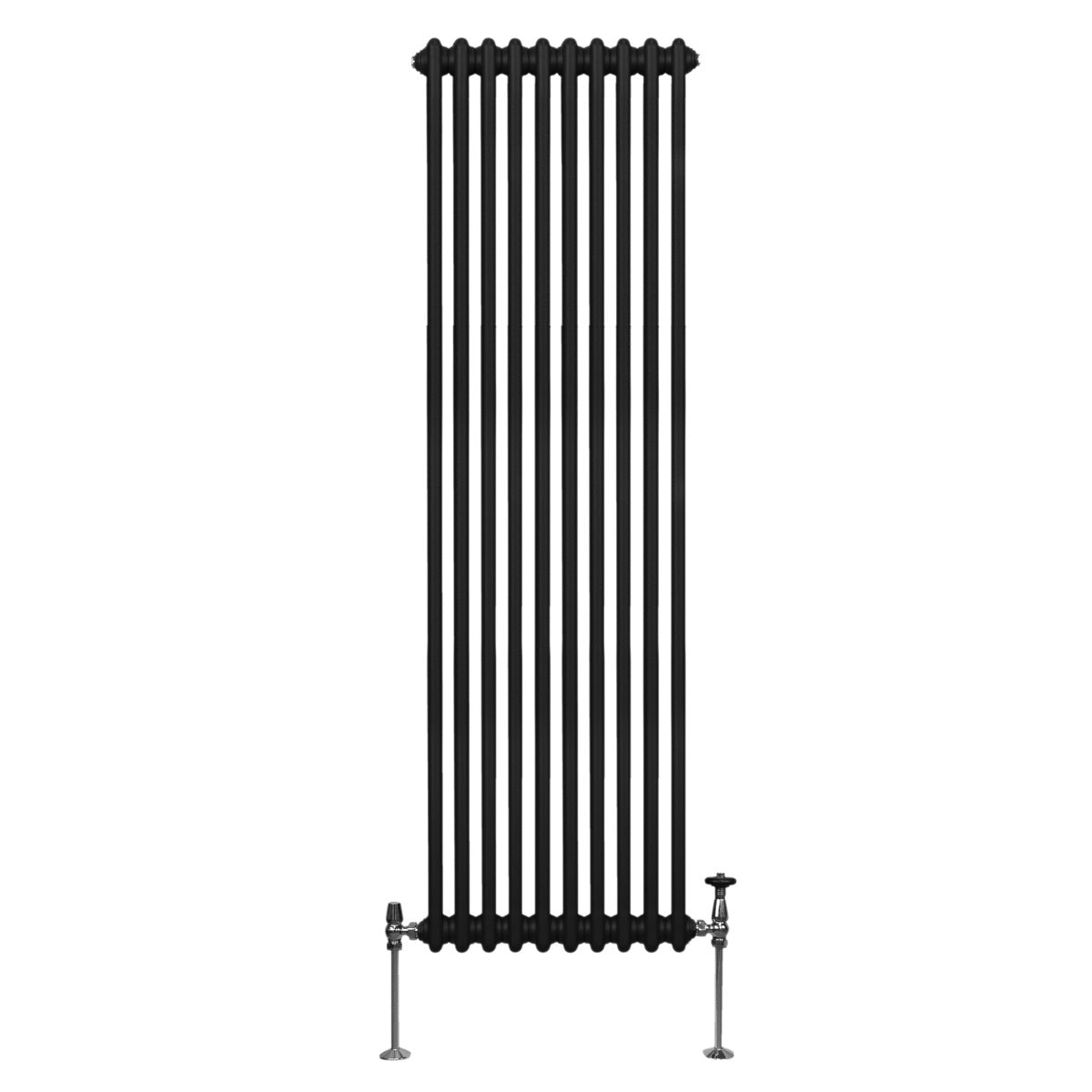 Termosifone a 2 colonne di colore nero, 1800 x 472mm, con finitura liscia e tubi verticali, ideale per riscaldare ambienti moderni
