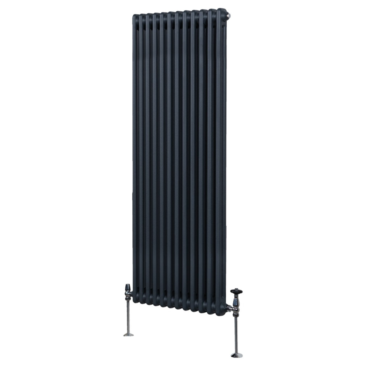 Termosifone a 2 colonne in grigio antracite, alto e stretto, con finitura liscia e supporti metallici lucidi, ideale per riscaldamento moderno