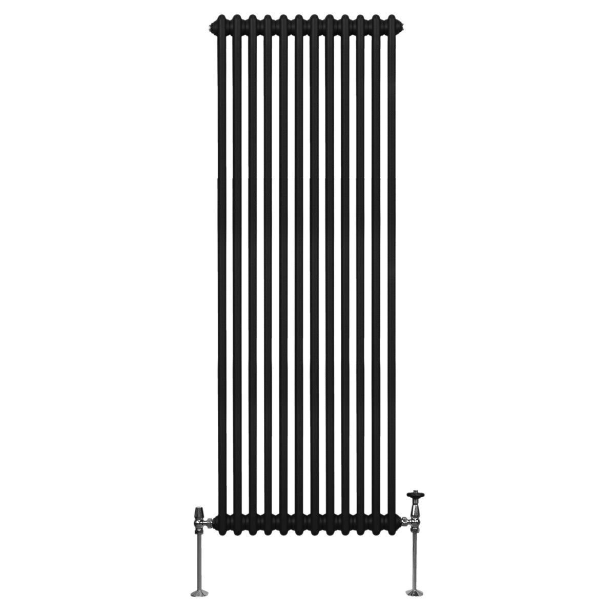 Termosifone a due colonne, 1800 x 562mm, finitura nera opaca, con tubi verticali e supporti in metallo lucido, design elegante e moderno