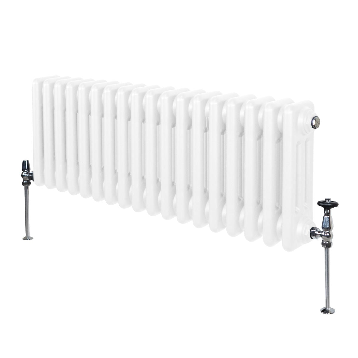Termosifone a 3 colonne bianco, 300 x 832mm, con finitura liscia e tubi rotondi, dotato di valvole laterali in metallo lucido