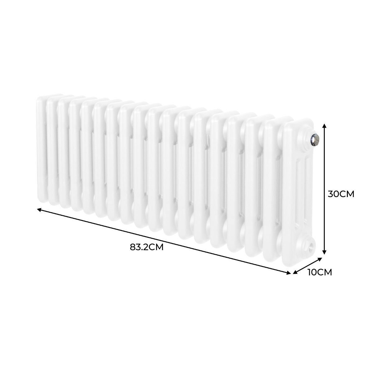 Termosifone a 3 colonne in bianco, dimensioni 300 x 832 mm, con superficie liscia e design elegante per un riscaldamento efficace