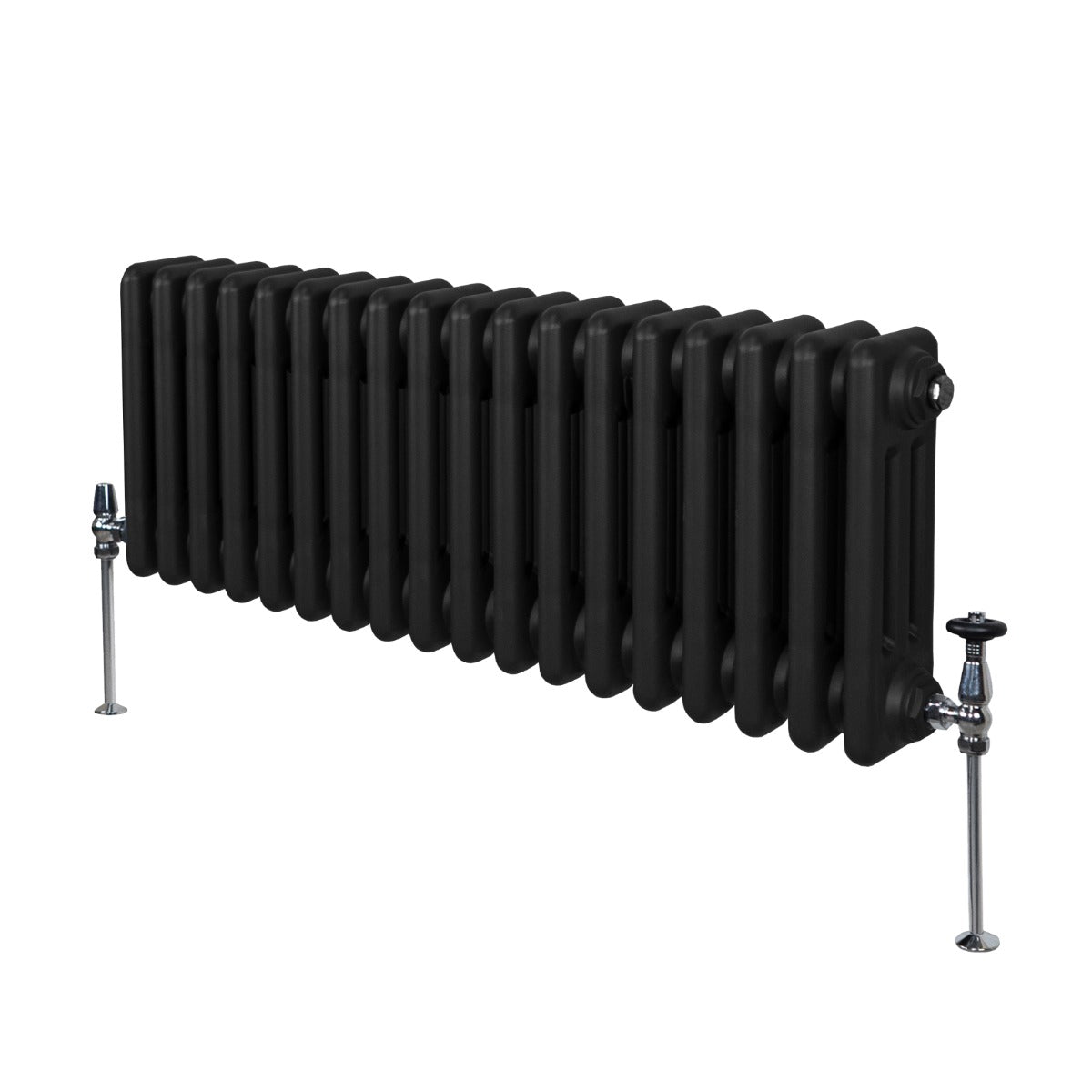 Termosifone a 3 colonne di colore nero, con finitura liscia e tubi robusti, misura 300 x 832mm, ideale per riscaldamento domestico