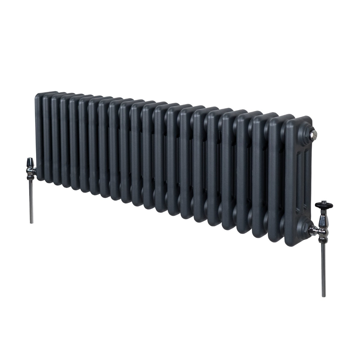 Termosifone a 3 colonne in grigio antracite, con finitura liscia e tubi rotondi, ideale per riscaldare ambienti moderni e classici