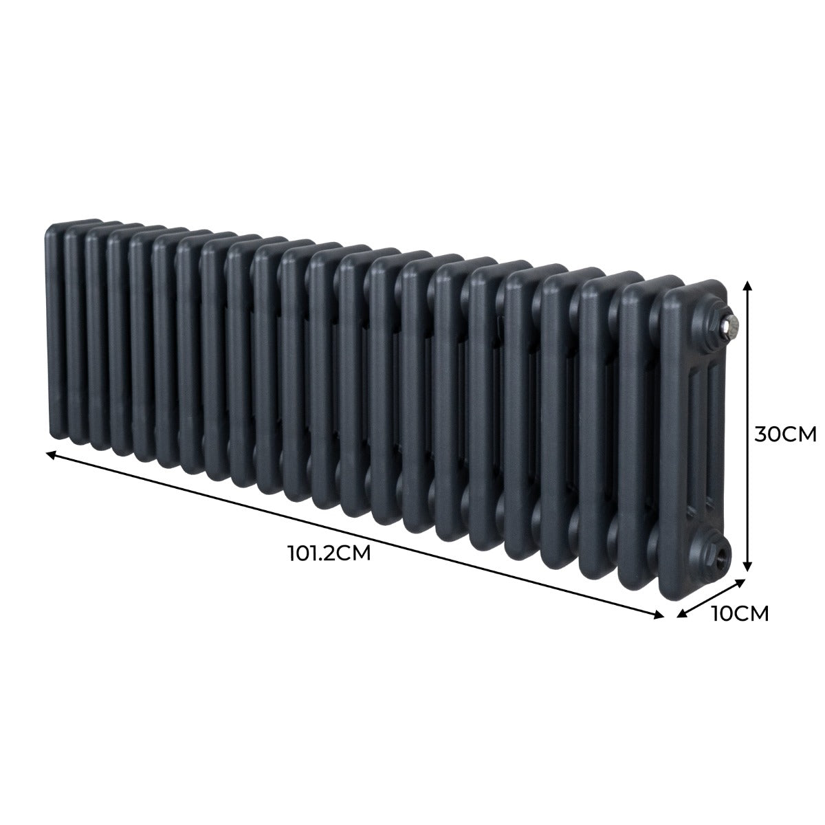 Termosifone a 3 colonne in grigio antracite, dimensioni 300 x 1012mm, con superficie liscia e design elegante per riscaldamento efficiente
