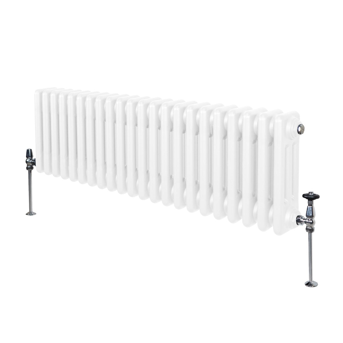 Termosifone a 3 colonne bianco, 300 x 1012mm, con finitura liscia e lucida, dotato di valvole cromate ai lati per il collegamento