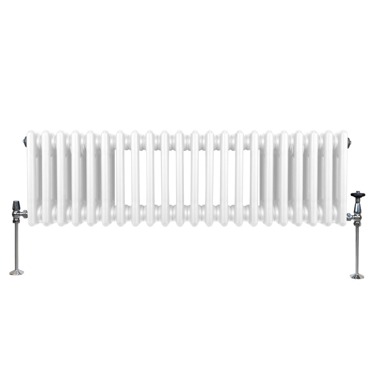 Termosifone a 3 colonne bianco, con finitura liscia e lucida, montato su supporti metallici, ideale per riscaldare ambienti