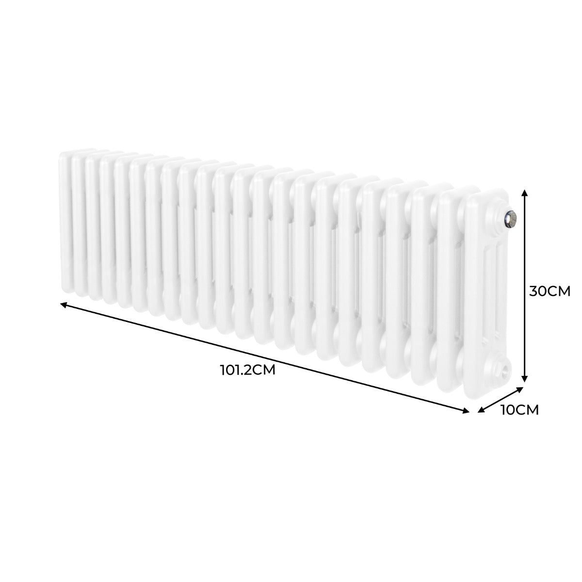 Termosifone a 3 colonne bianco, lungo 101,2 cm e alto 30 cm, con superficie liscia e design elegante per riscaldare ambienti