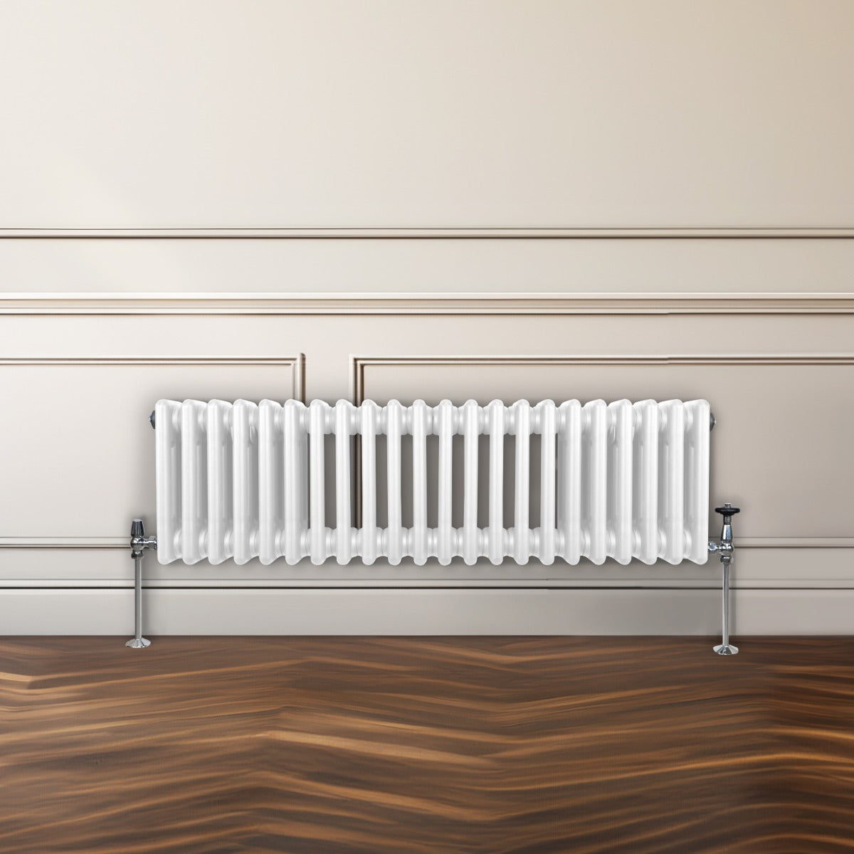 Termosifone a 3 colonne bianco, con finitura lucida, montato su parete, in un ambiente elegante con pavimento in legno scuro