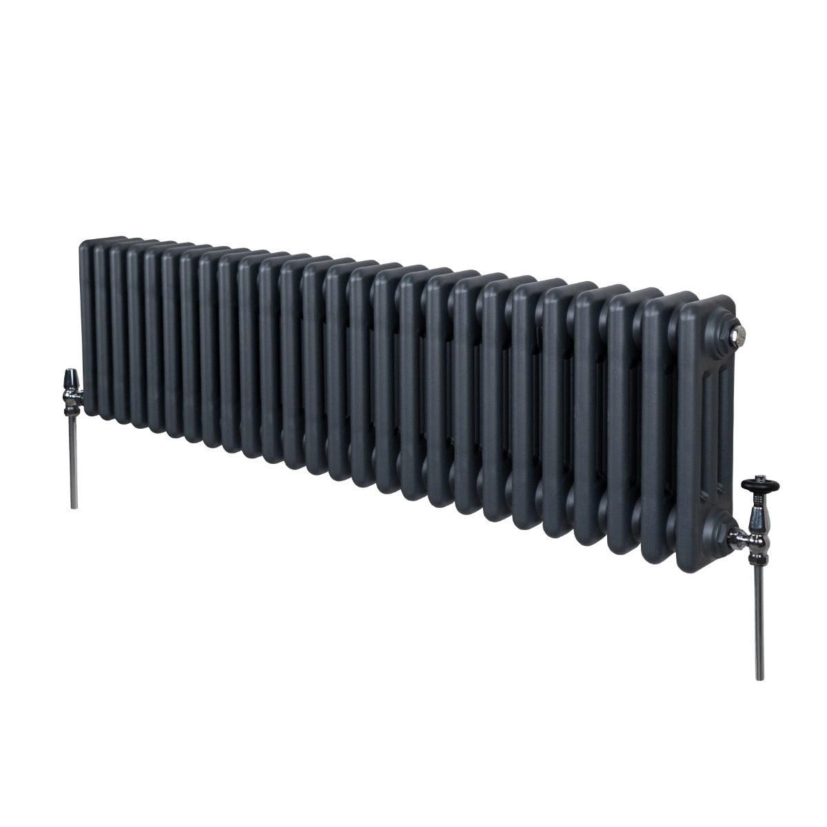 Termosifone a 3 colonne in grigio antracite, lungo 1192mm, con finitura liscia e valvole laterali in metallo lucido