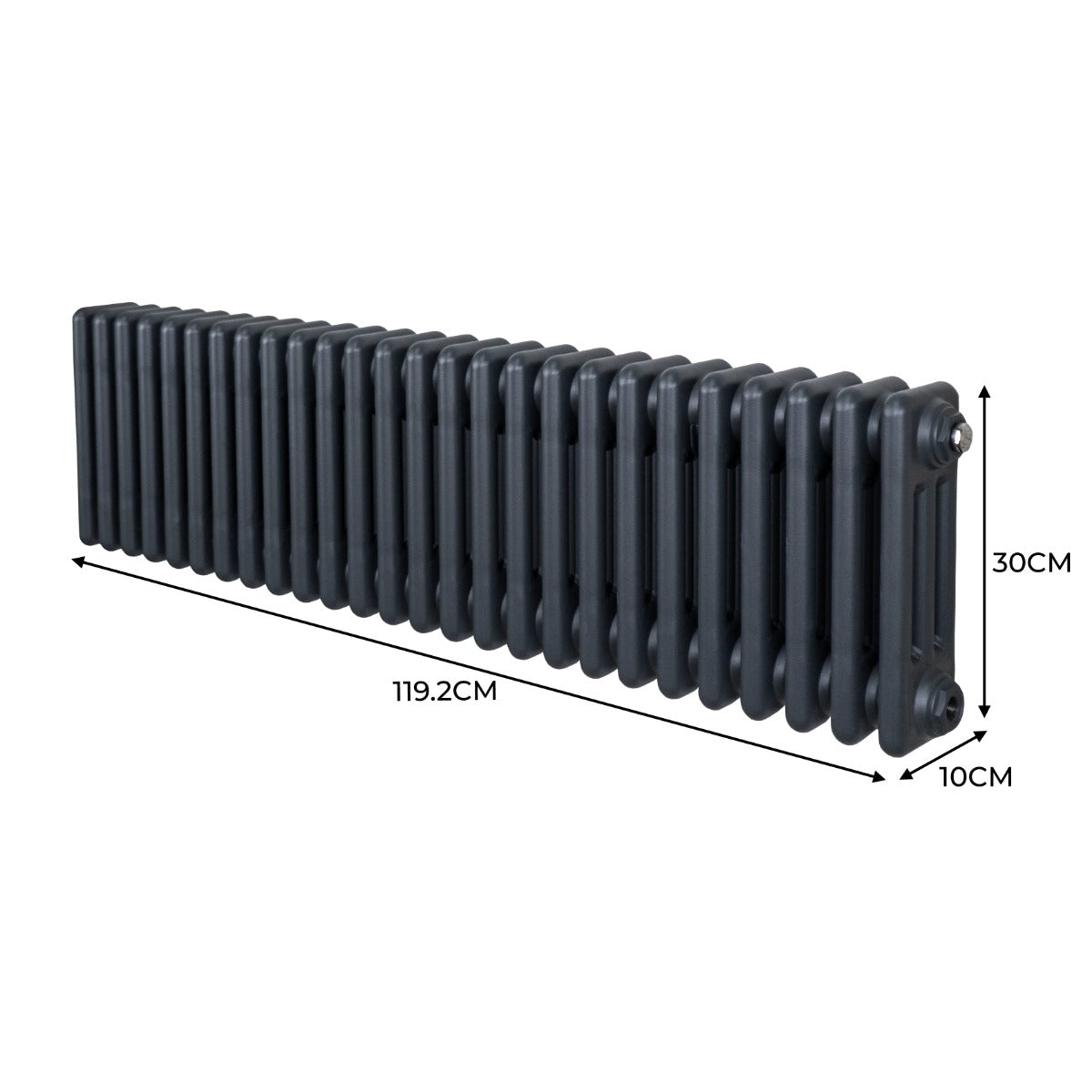 Termosifone a 3 colonne grigio antracite, lungo 119,2 cm e alto 30 cm, con finitura liscia e design elegante per riscaldamento efficace