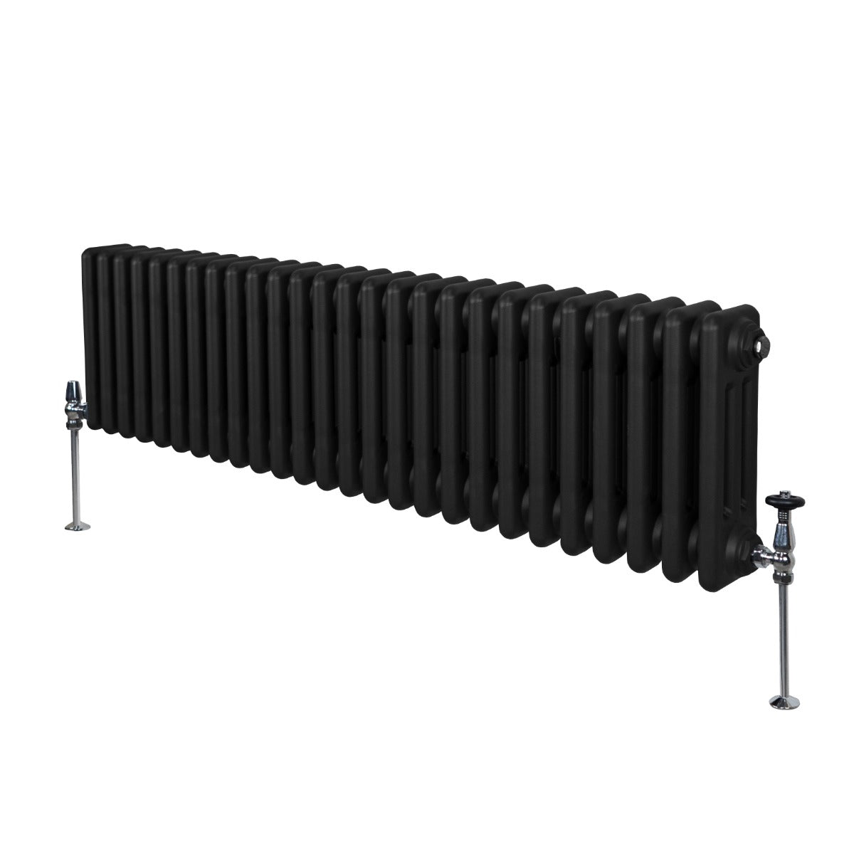 Termosifone a 3 colonne, 300 x 1192mm, colore nero opaco, con finitura liscia e dettagli metallici lucidi, design elegante e moderno