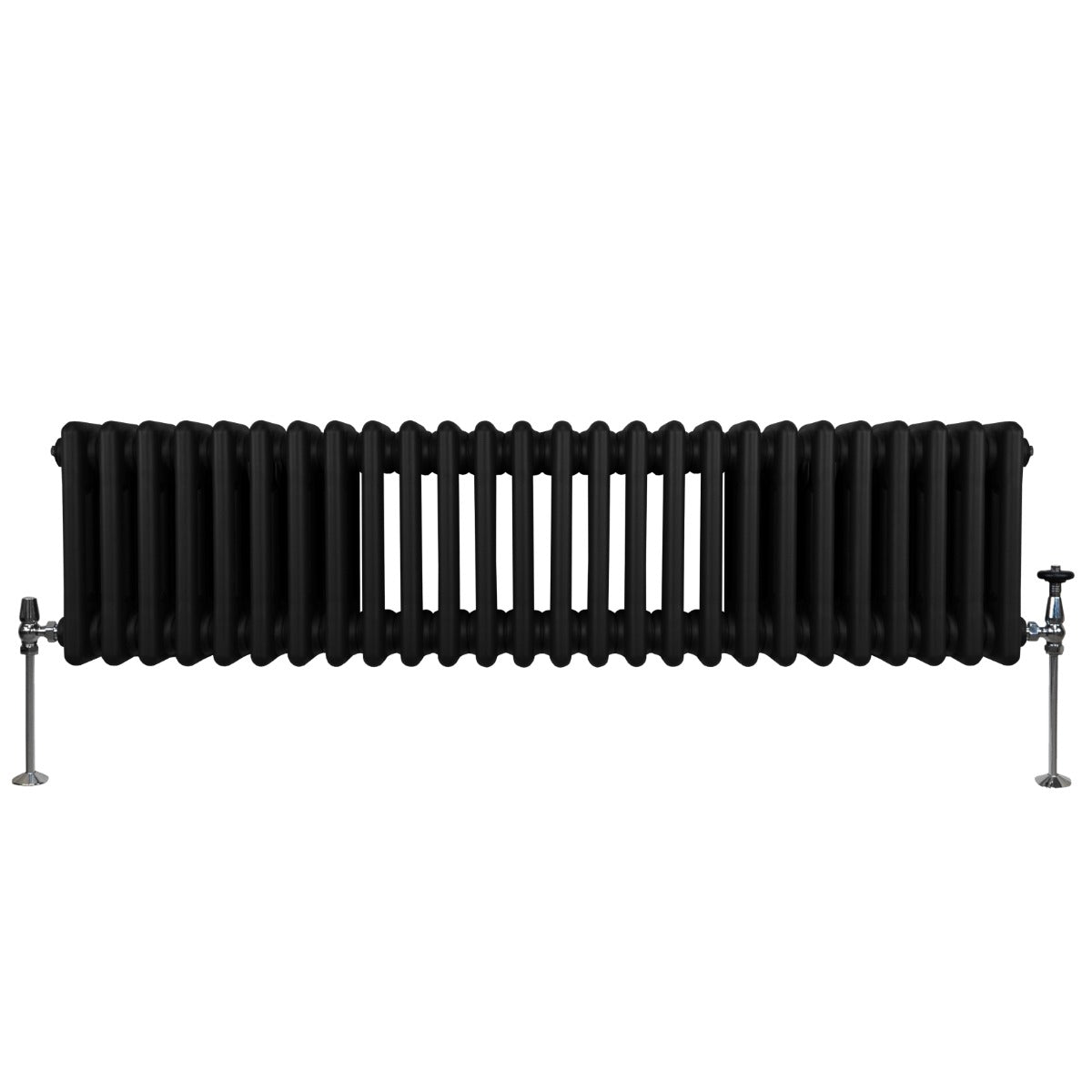 Termosifone a 3 colonne, 300 x 1192mm, colore nero opaco, con finitura liscia e supporti metallici lucidi ai lati
