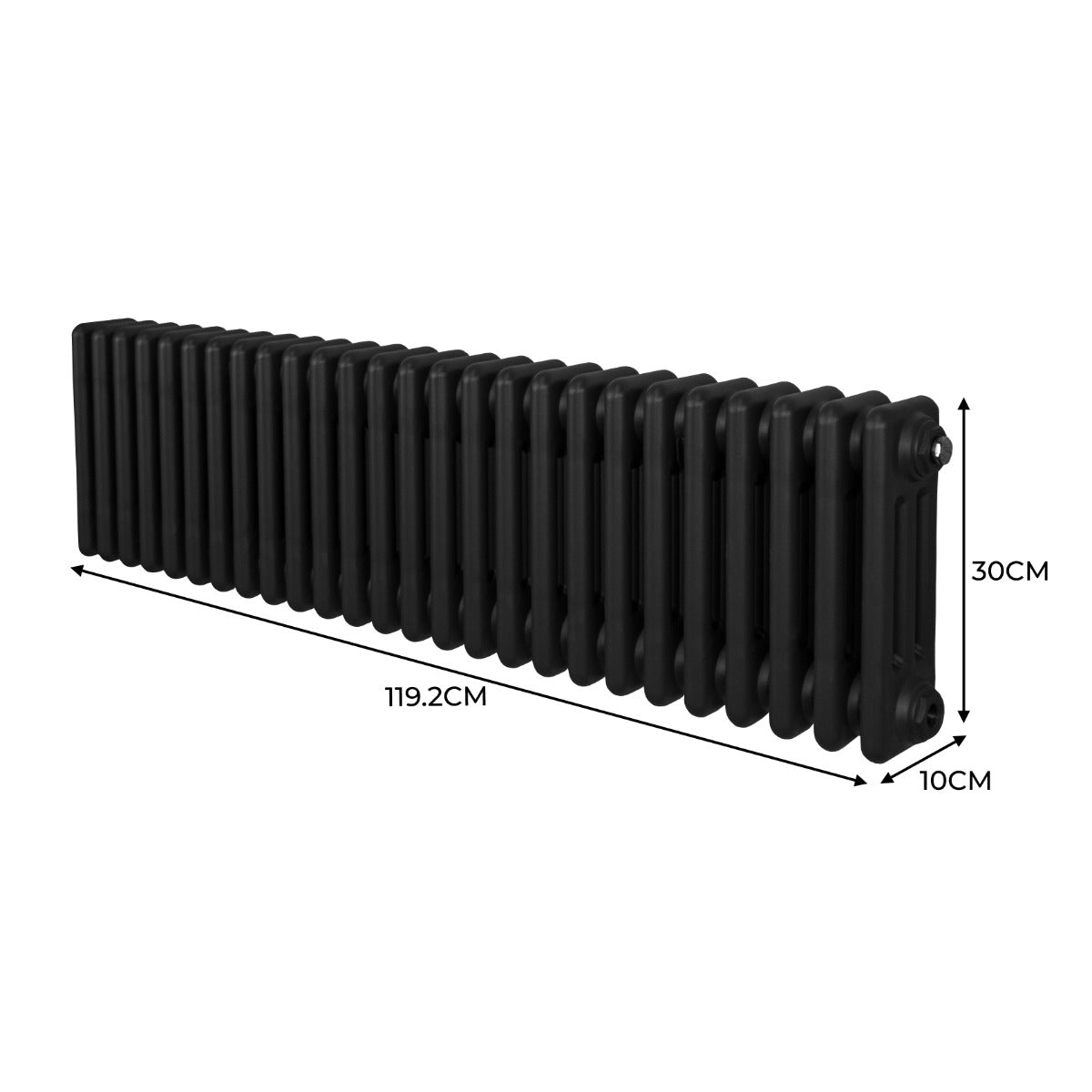 Termosifone a 3 colonne di colore nero, lungo 119,2 cm e alto 30 cm, con finitura liscia e design elegante per riscaldare gli ambienti