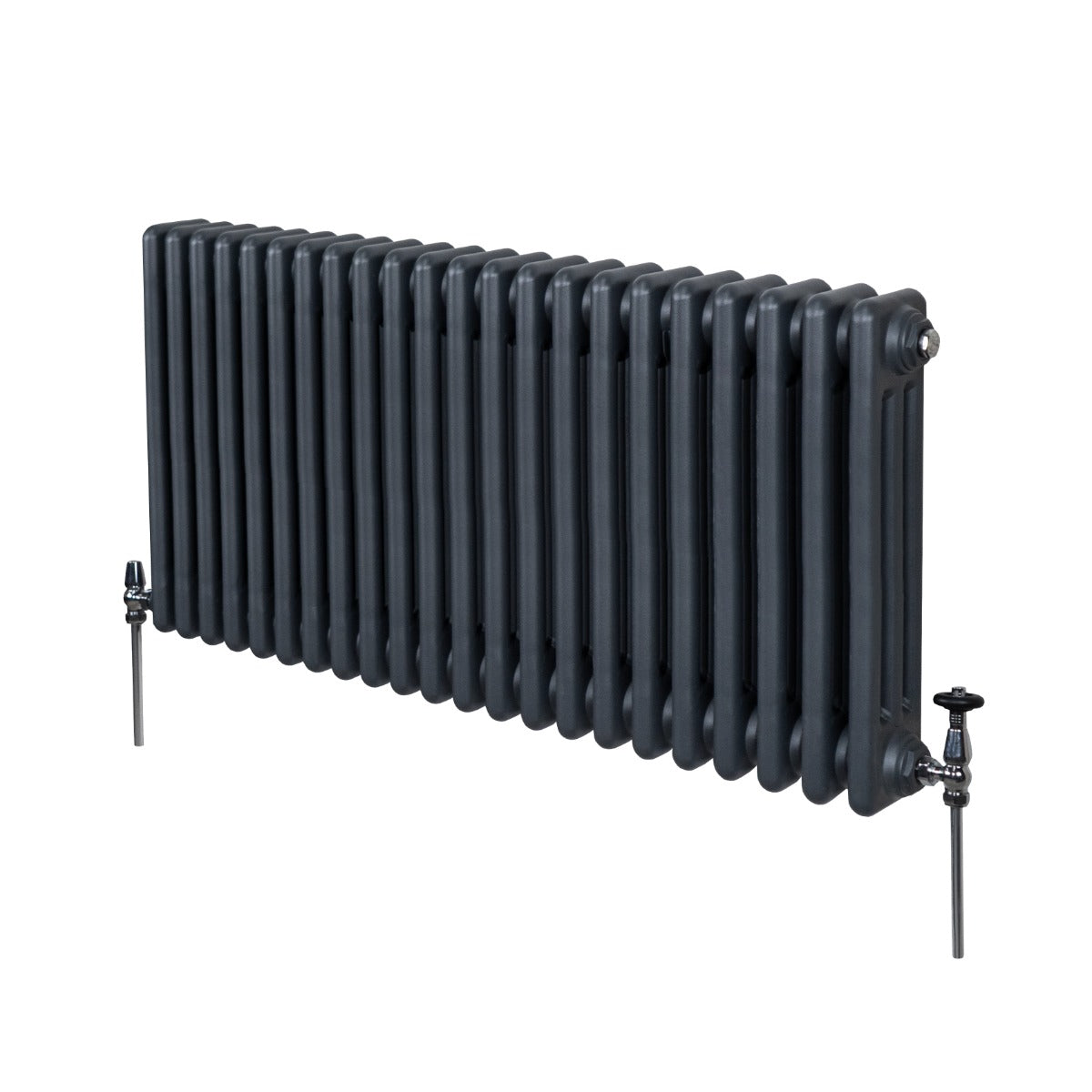 Termosifone a 3 colonne in grigio antracite, con finitura liscia e tubi rotondi, design elegante e moderno per riscaldamento efficace