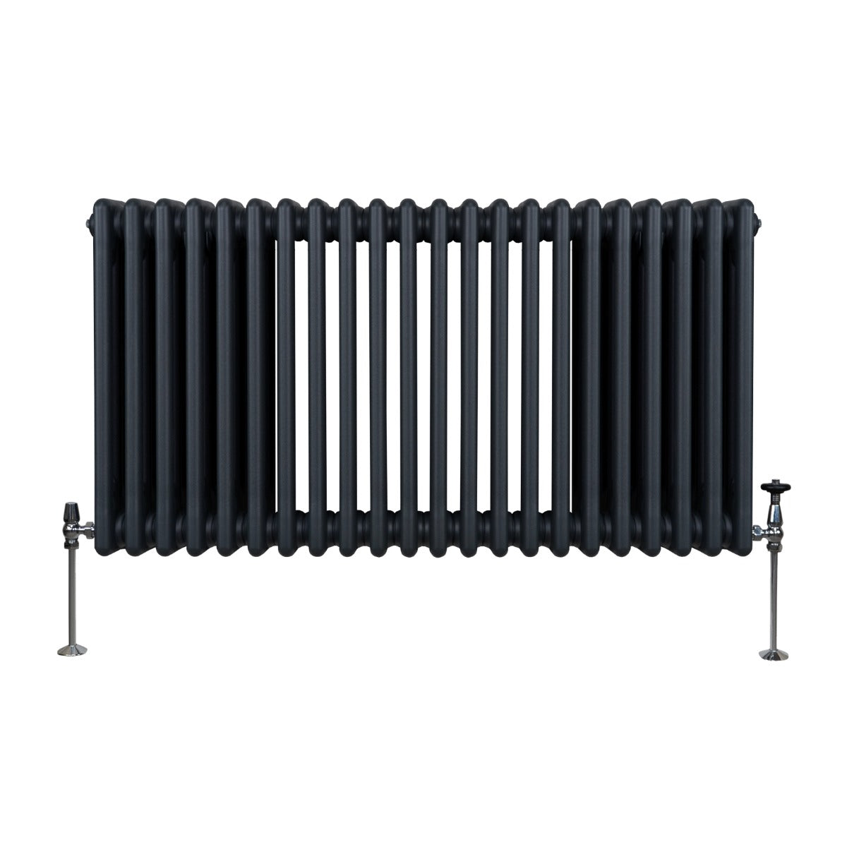 Termosifone a 3 colonne grigio antracite, con finitura liscia e tubi robusti, ideale per riscaldare ambienti moderni e classici