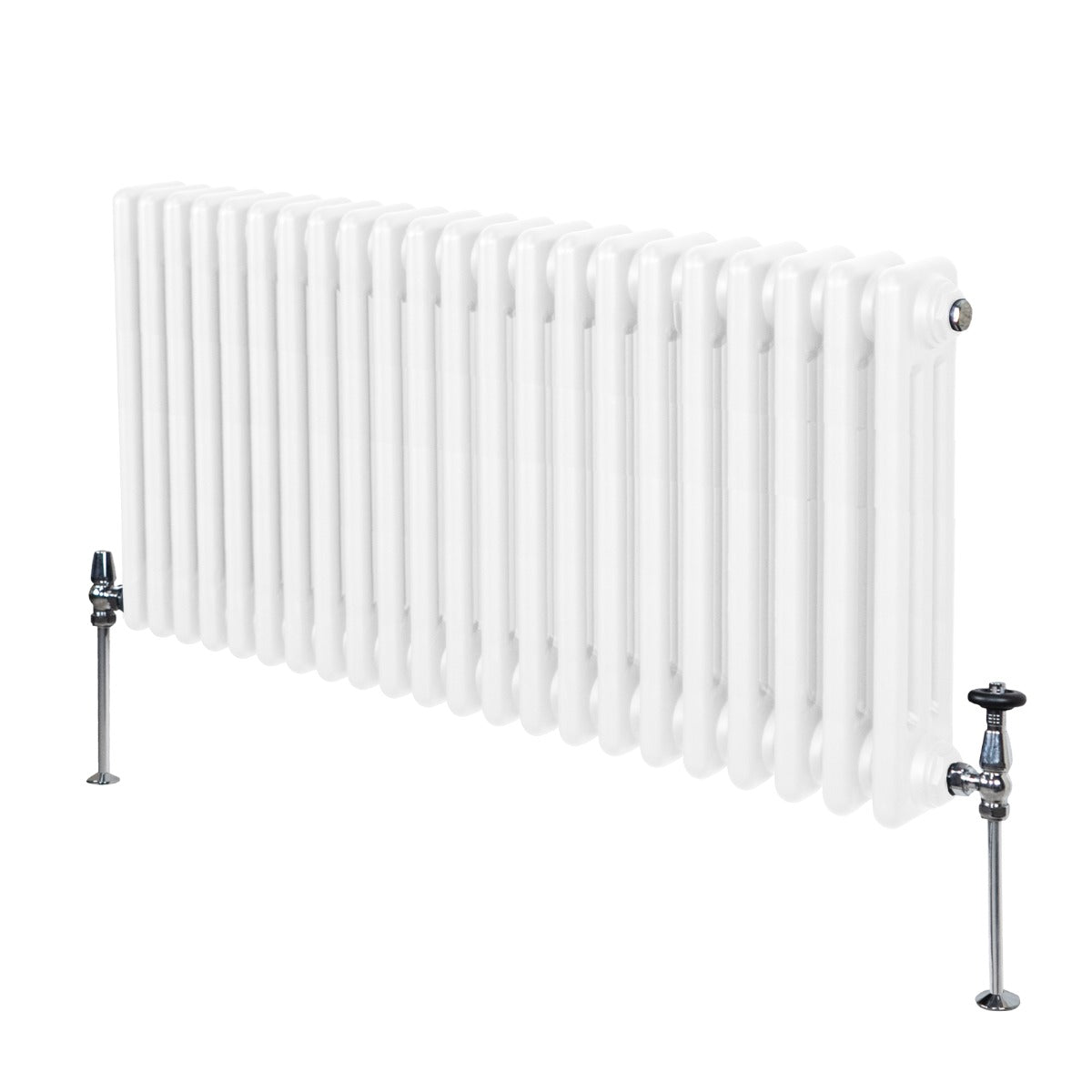 Termosifone a 3 colonne bianco, 600 x 1012mm, con superficie liscia e lucida, dotato di valvole cromate ai lati per il collegamento
