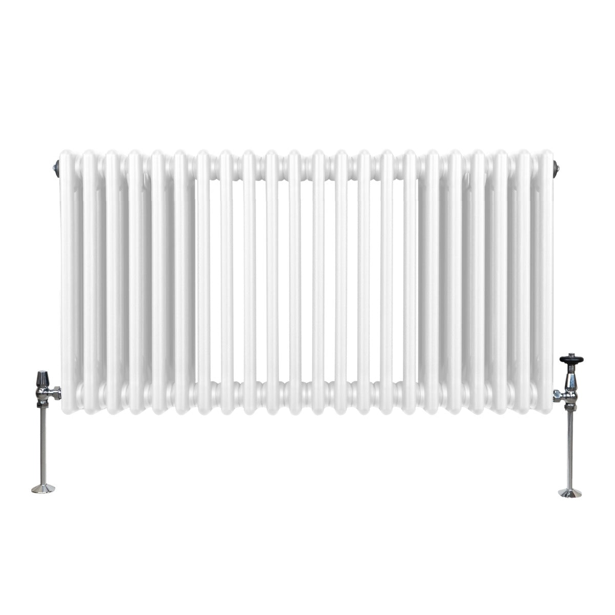 Termosifone a 3 colonne bianco, 600 x 1012mm, con finitura liscia e lucida, supporti metallici grigi ai lati, design elegante e moderno