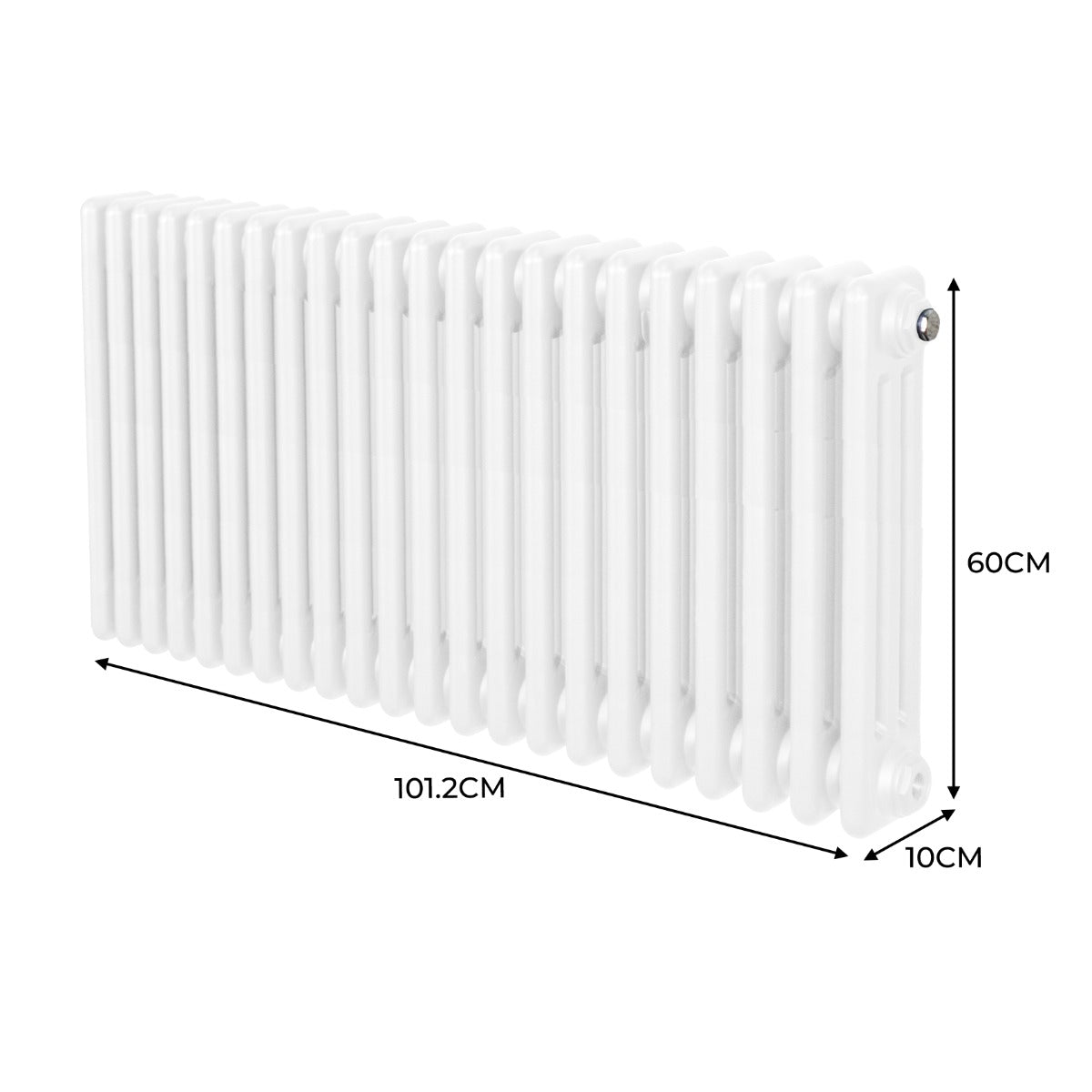 Termosifone a 3 colonne bianco, dimensioni 600 x 1012mm, con superficie liscia e finitura lucida, ideale per riscaldare ambienti