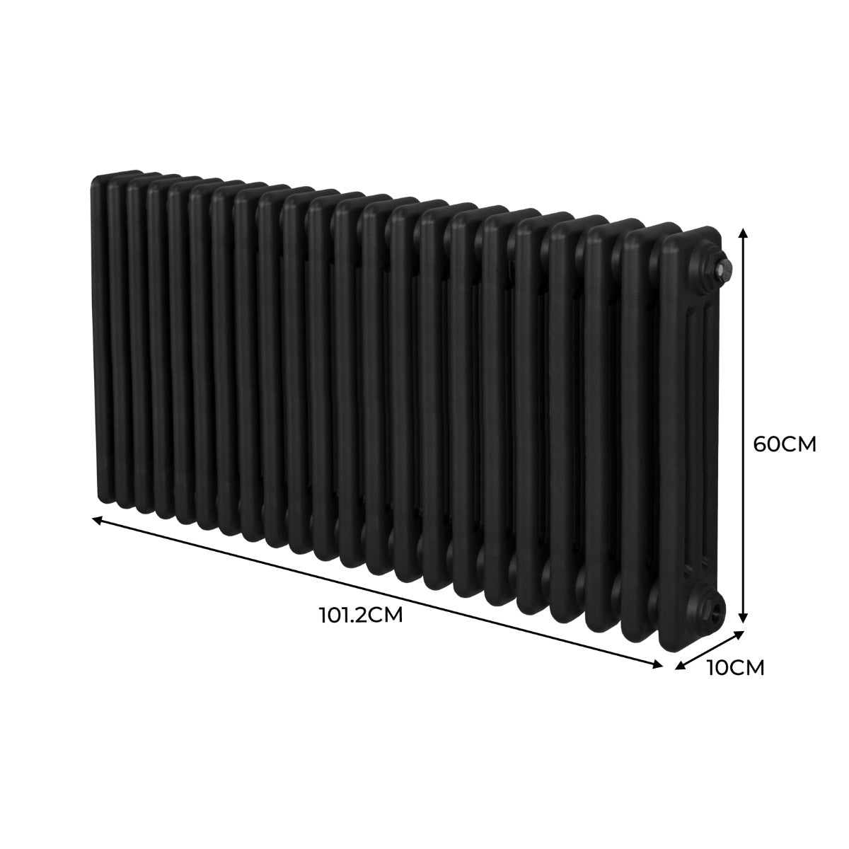 Termosifone a 3 colonne in metallo nero, dimensioni 600 x 1012 mm, con finitura liscia e design elegante, ideale per riscaldare ambienti