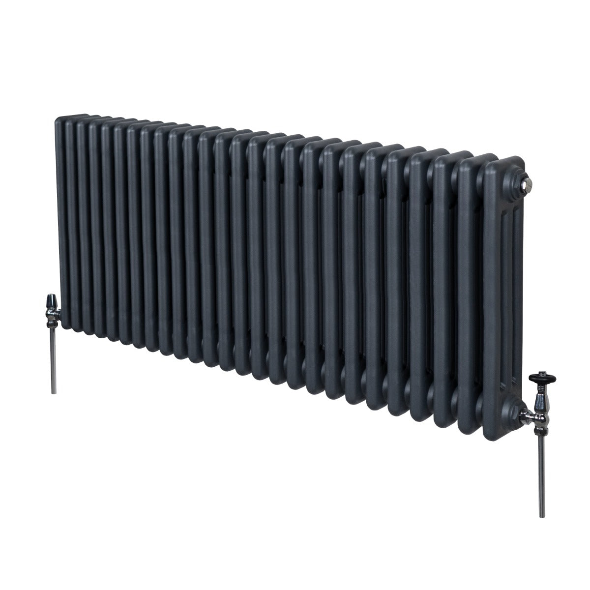 Termosifone a 3 colonne in grigio antracite, con finitura liscia e tubi rotondi, ideale per riscaldare ambienti moderni e classici