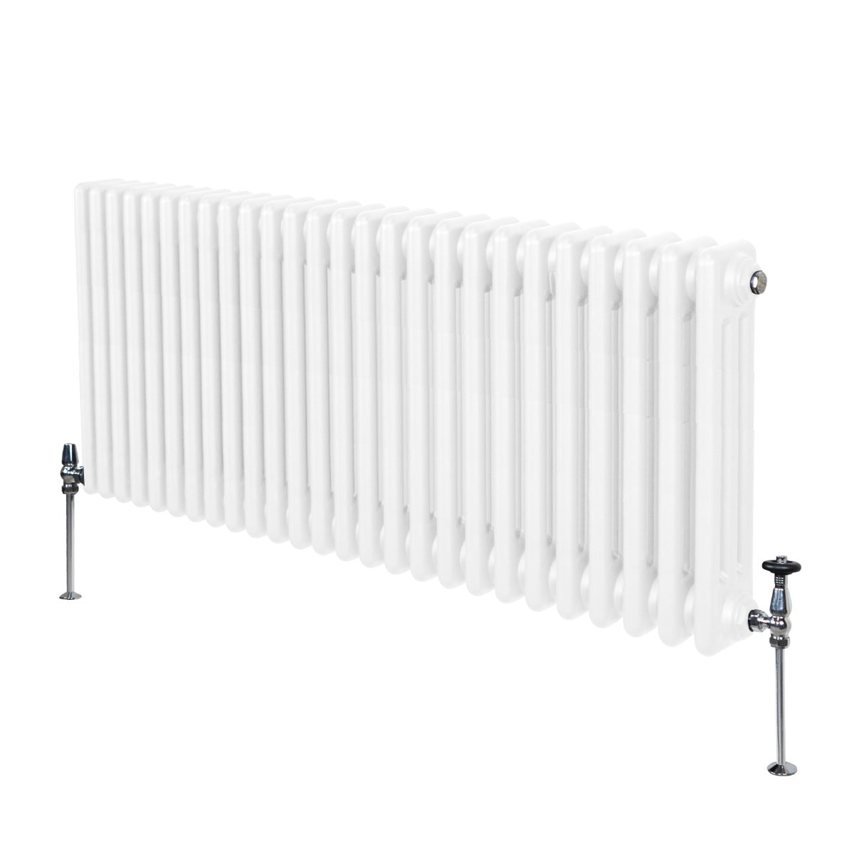 Termosifone a 3 colonne bianco, 600 x 1192mm, con finitura liscia e lucida, dotato di valvole in metallo per un design elegante e funzionale