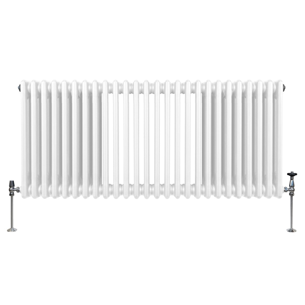 Termosifone a 3 colonne bianco, 600 x 1192mm, con superficie liscia e finitura lucida, dotato di valvole laterali in metallo argentato