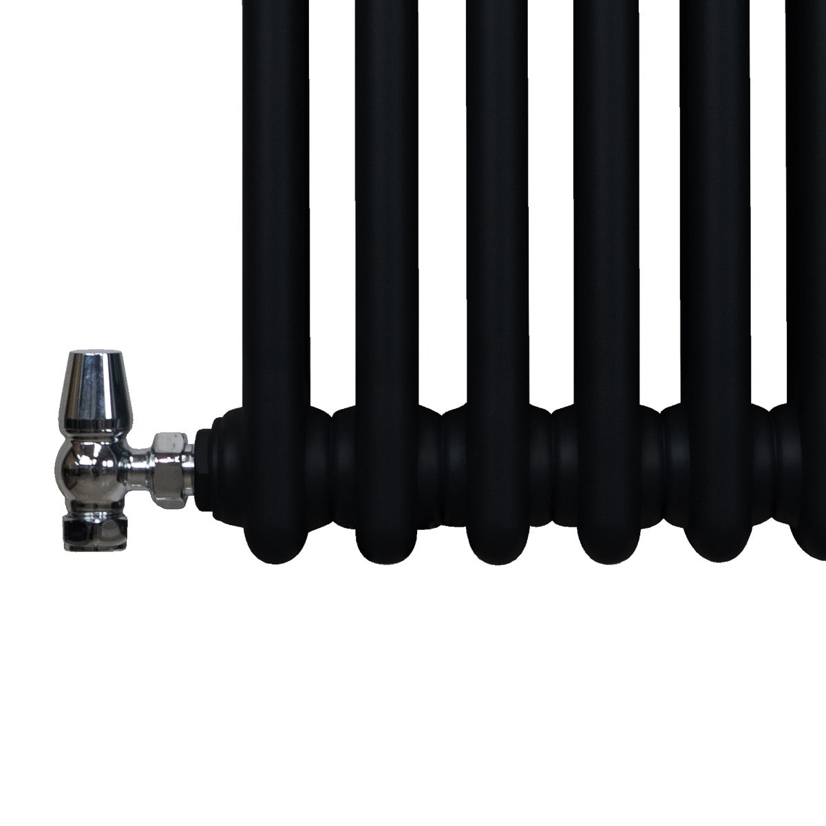 Termosifone a 3 colonne, 600 x 1192mm, colore nero opaco con finitura liscia e raccordo cromato lucido in metallo