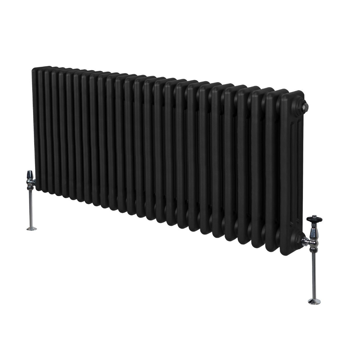 Termosifone a 3 colonne di colore nero, con finitura liscia e struttura robusta, misura 600 x 1192 mm, ideale per riscaldamento domestico