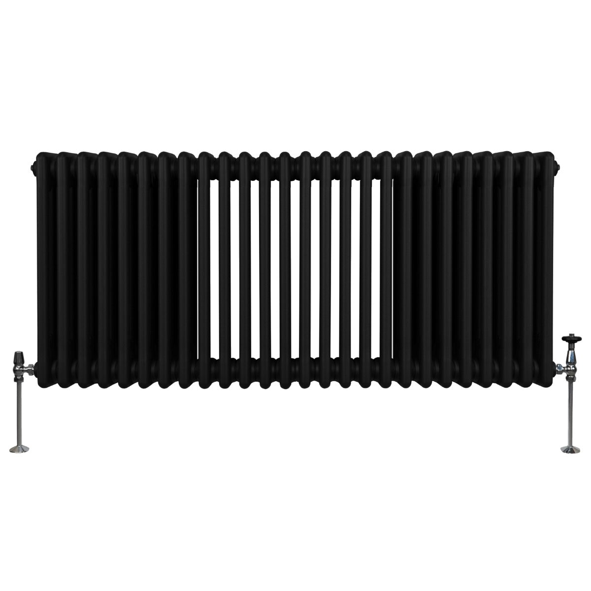 Termosifone a 3 colonne di colore nero, con finitura liscia e tubi verticali, misura 600 x 1192mm, ideale per riscaldamento domestico