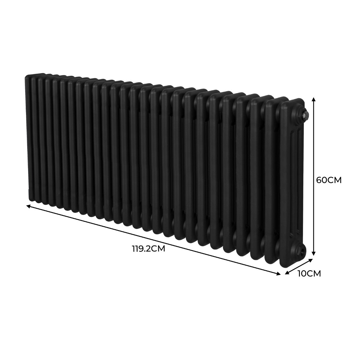 Termosifone a 3 colonne, 600 x 1192mm, colore nero opaco, con superficie liscia e design elegante, ideale per riscaldare ambienti