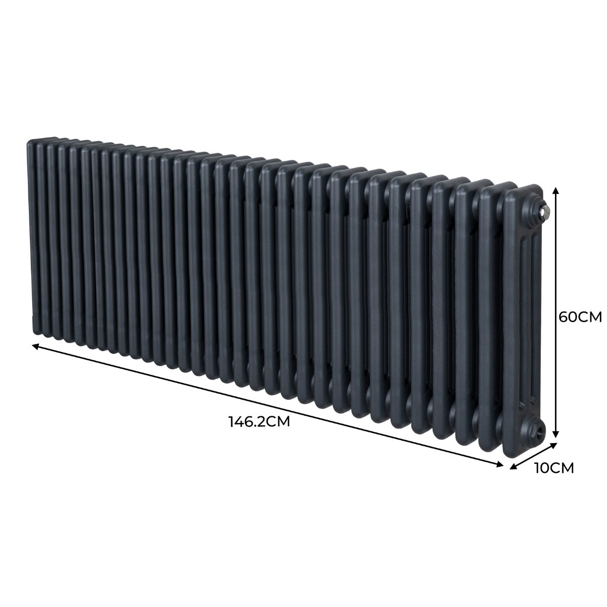 Termosifone a 3 colonne in grigio antracite, lungo 146,2 cm, alto 60 cm, con superficie liscia e finitura opaca, ideale per riscaldare ambienti