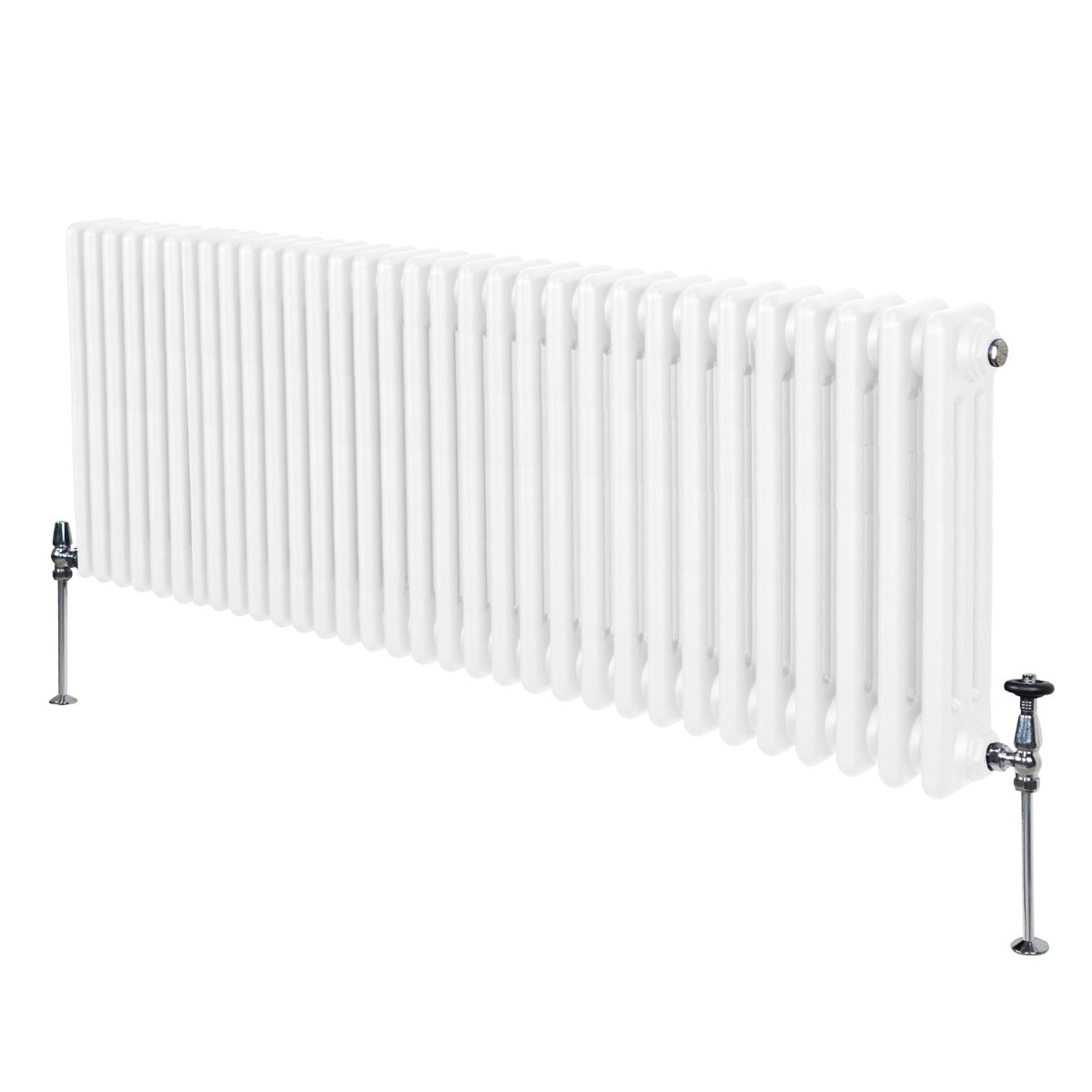 Termosifone a 3 colonne bianco, 600 x 1462mm, con finitura liscia e lucida, dotato di valvole cromate ai lati per un design elegante