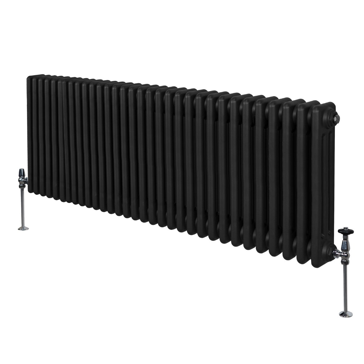 Termosifone a 3 colonne di colore nero, 600 x 1462mm, con finitura liscia e supporti metallici lucidi ai lati