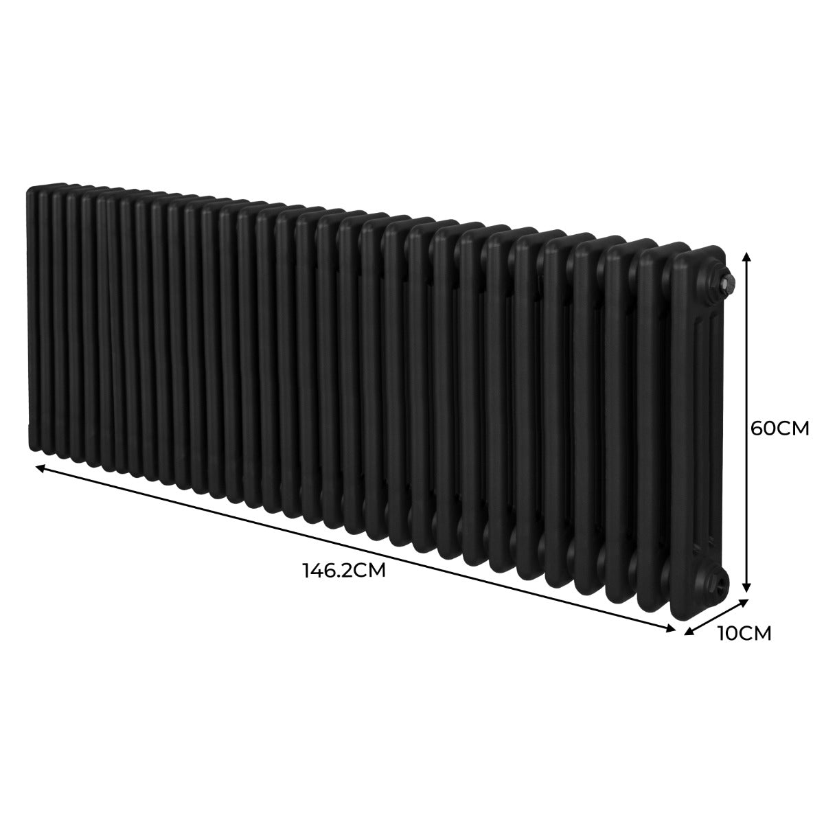 Termosifone a 3 colonne in nero, dimensioni 600 x 1462 mm, con superficie liscia e design elegante, ideale per riscaldare ambienti moderni