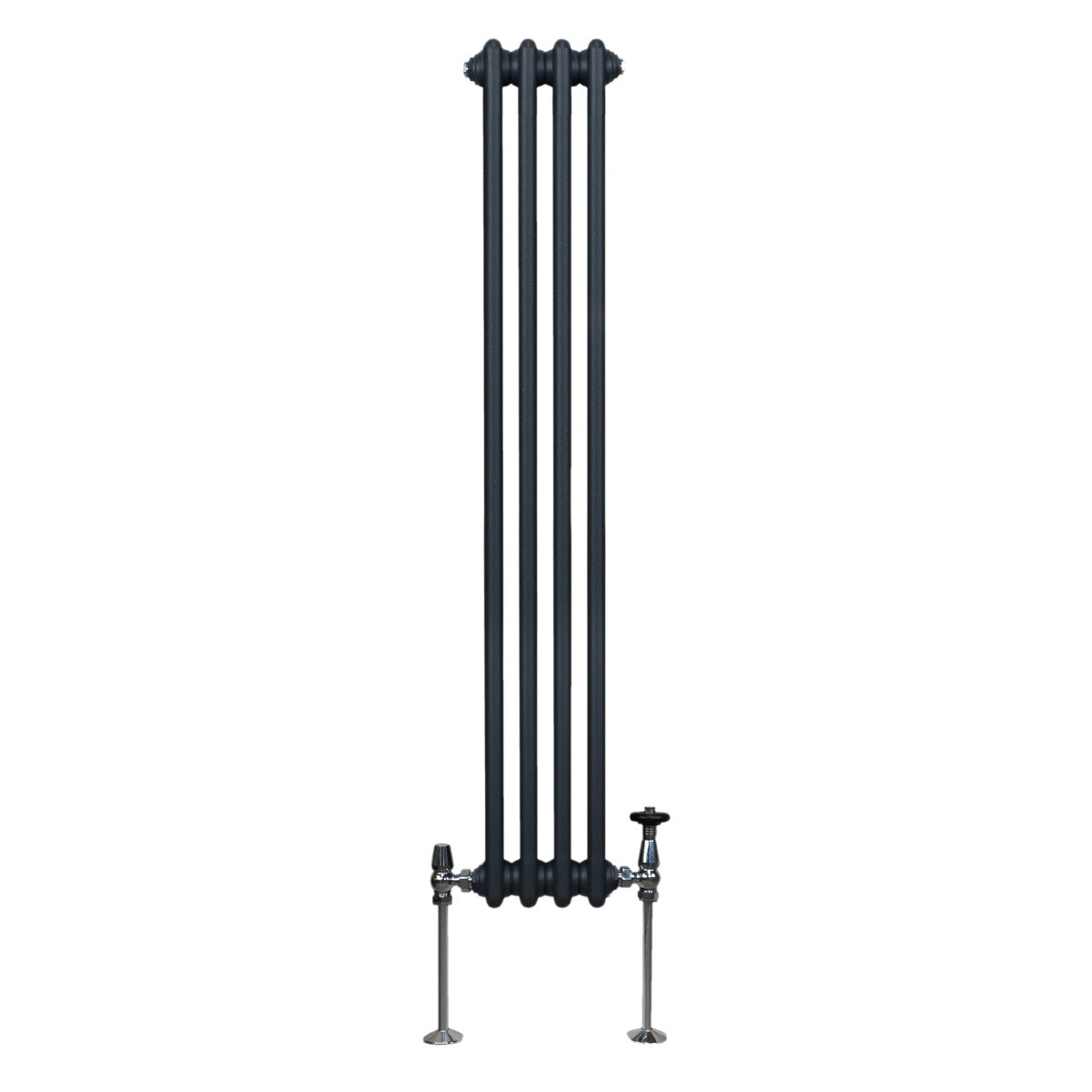 Termosifone a 3 colonne in grigio antracite, alto 1500 mm e largo 202 mm, con finitura liscia e valvole di regolazione in metallo lucido